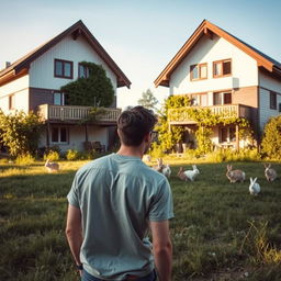 A young man with his back turned, standing in front of two identical chalets that share a lush garden filled with playful rabbits