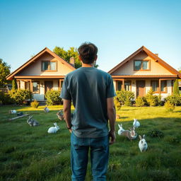 A young man with his back turned, standing in front of two identical chalets that share a lush garden filled with playful rabbits