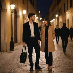 Update the image: the couple is now clad in trendy street fashion—hip, casual, and contemporary, reflective of popular Italian youth trends. The beautifully illuminated Italian night street scene persists, bathed in the warm glow from classical street lamps.