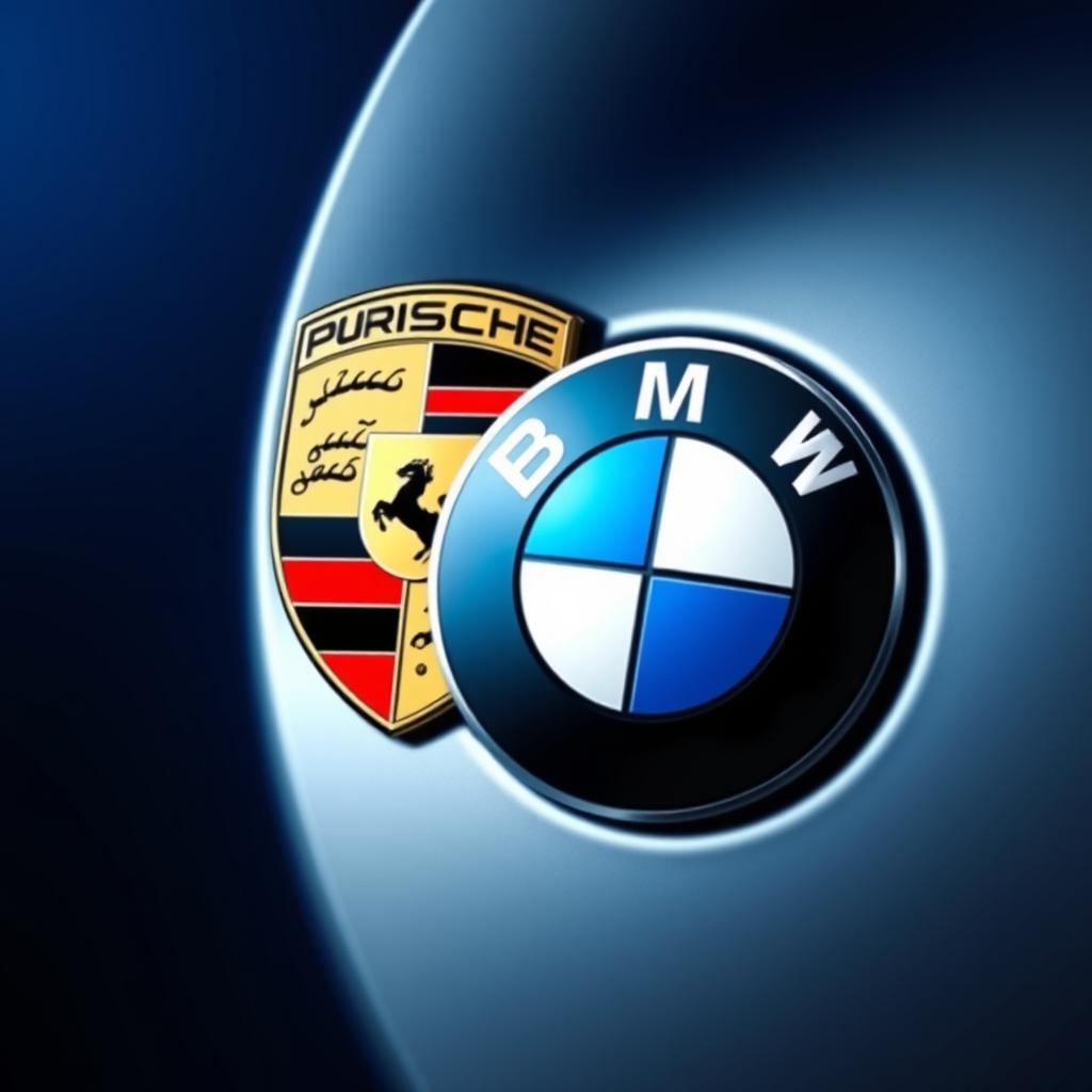 A stylish and artistic composition featuring the iconic Porsche and BMW logos intertwined in a modern aesthetic design