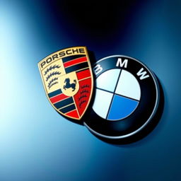 A stylish and artistic composition featuring the iconic Porsche and BMW logos intertwined in a modern aesthetic design