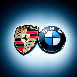 A stylish and artistic composition featuring the iconic Porsche and BMW logos intertwined in a modern aesthetic design