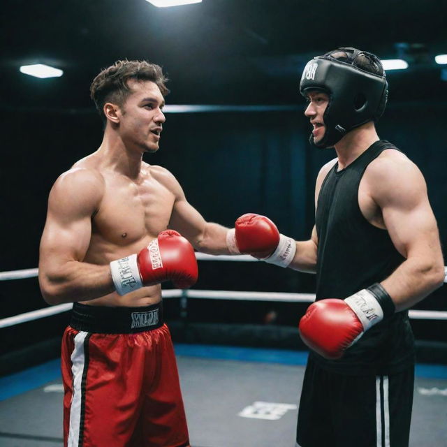 Ishowspeed, an athletic esports streamer, boxing with Kai Cenat, a comedic social media influencer, in a well-lit boxing ring. Both are equipped with professional boxing gear.