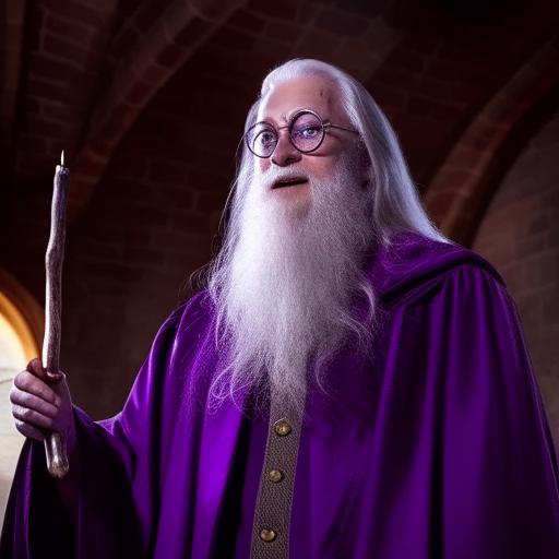 Albus Dumbledore, an iconic figure with twinkling blue eyes, long flowing white hair and beard, wearing his half-moon spectacles, purple robes, and a tall pointed hat; holding the Elder Wand in the grand setting of the Hogwarts Great Hall.