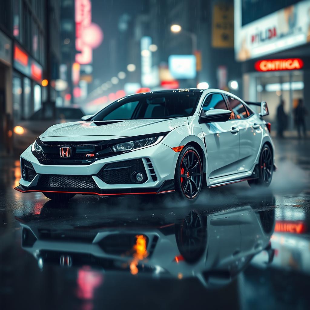 An aesthetic white Honda Civic Type R showcased in a rainy urban setting