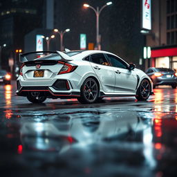 An aesthetic white Honda Civic Type R showcased in a rainy urban setting