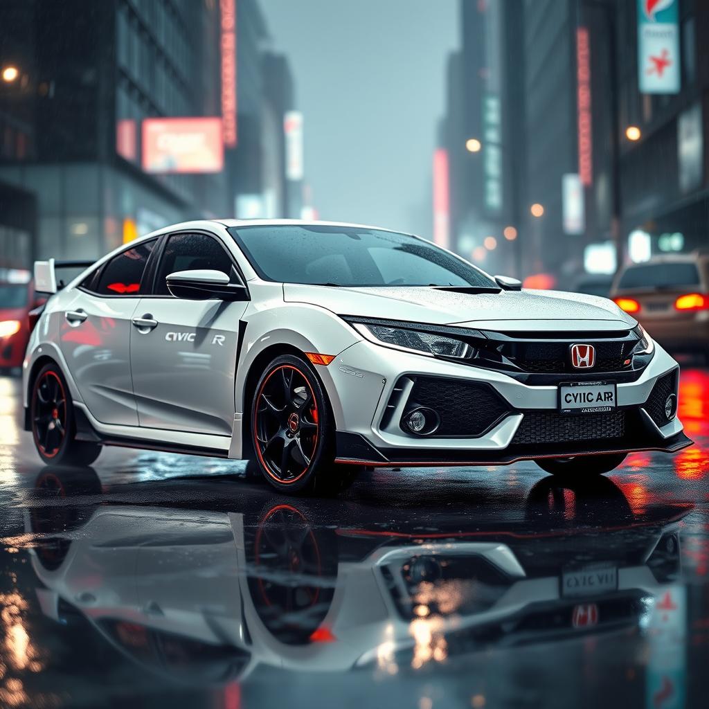 An aesthetic white Honda Civic Type R showcased in a rainy urban setting