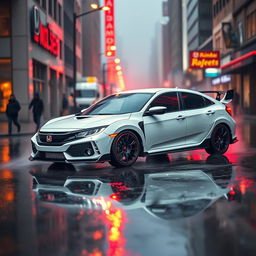 An aesthetic white Honda Civic Type R showcased in a rainy urban setting