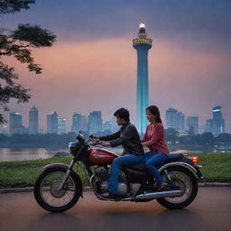 Create a novel cover showcasing a man and woman on a motorbike near the Jakarta Monas. The monument glowing in the twilight serves as a prominent point amidst the lively cityscape of Jakarta.