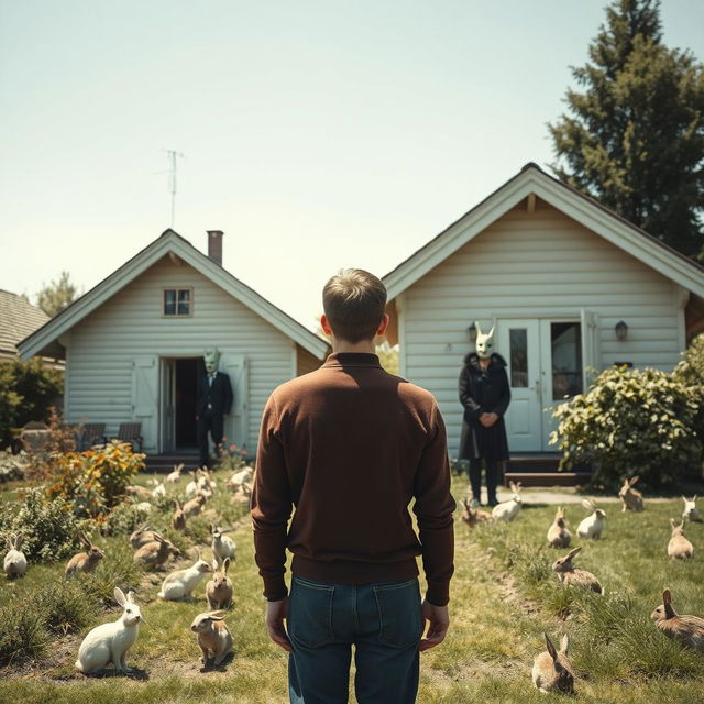 A surrealistic scene featuring a young man with his back turned, standing in front of two identical chalets that share a garden bustling with rabbits