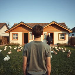 A surrealistic scene featuring a young man with his back turned, standing in front of two identical chalets that share a garden bustling with rabbits