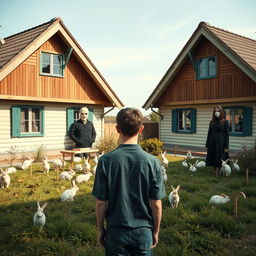 A surrealistic scene featuring a young man with his back turned, standing in front of two identical chalets that share a garden bustling with rabbits