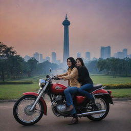 Create a novel cover showcasing a man and woman on a motorbike near the Jakarta Monas. The monument glowing in the twilight serves as a prominent point amidst the lively cityscape of Jakarta.