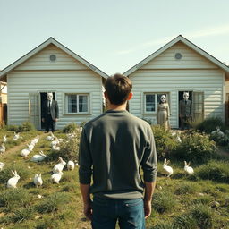 A surrealistic scene featuring a young man with his back turned, standing in front of two identical chalets that share a garden bustling with rabbits