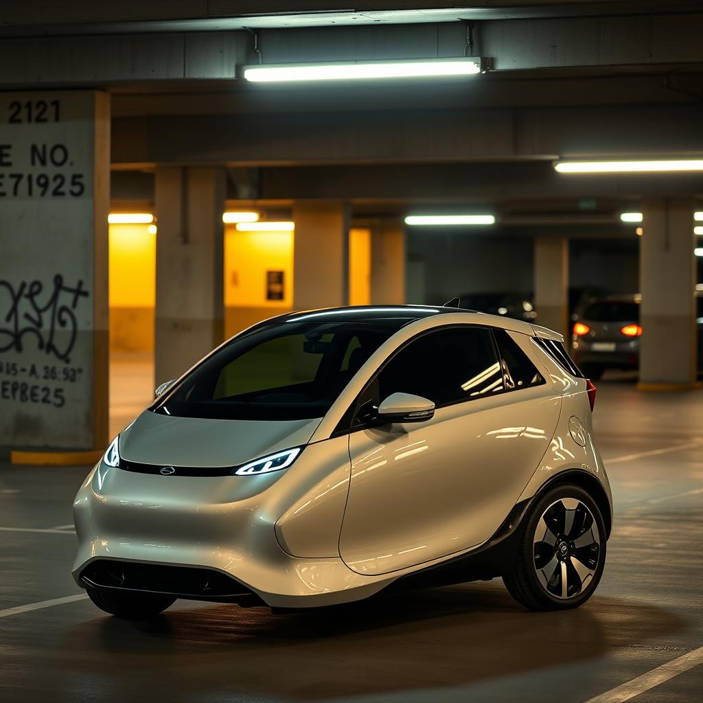 A sleek Ee111 electric vehicle parked in a modern underground parking lot