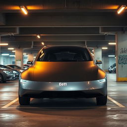 A sleek Ee111 electric vehicle parked in a modern underground parking lot