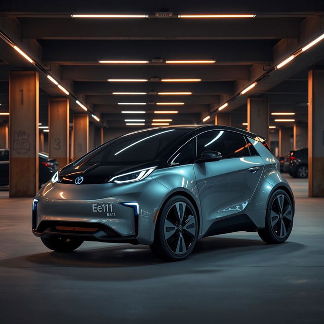 A sleek Ee111 electric vehicle parked in a modern underground parking lot