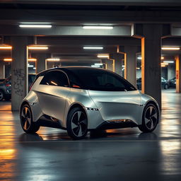 A sleek Ee111 electric vehicle parked in a modern underground parking lot