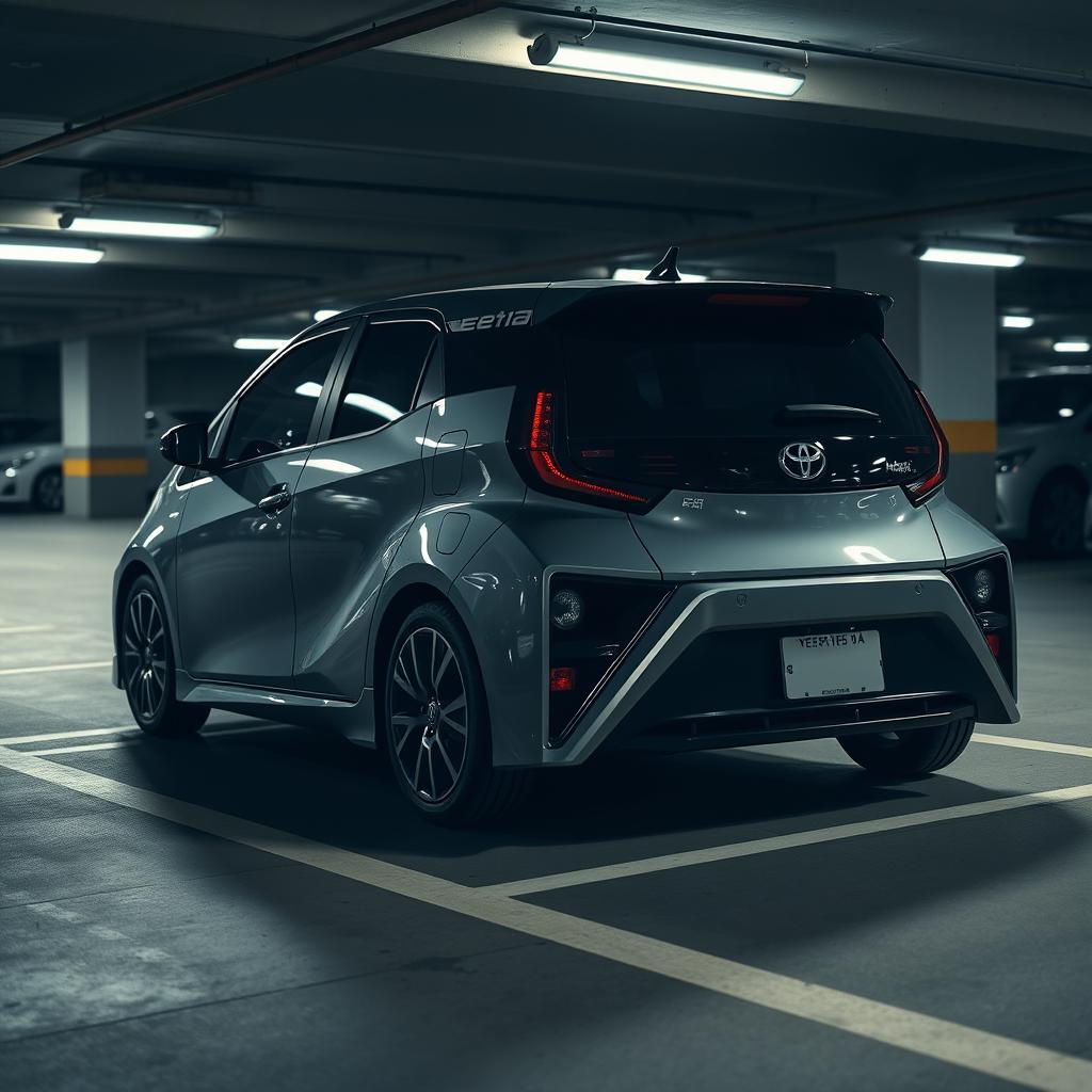 A Toyota Ee111 parked in a dimly lit underground parking lot, showcasing its sleek lines and distinctive design