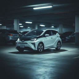 A Toyota Ee111 parked in a dimly lit underground parking lot, showcasing its sleek lines and distinctive design