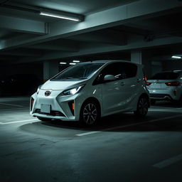 A Toyota Ee111 parked in a dimly lit underground parking lot, showcasing its sleek lines and distinctive design