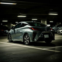 A Toyota Ee111 parked in a dimly lit underground parking lot, showcasing its sleek lines and distinctive design