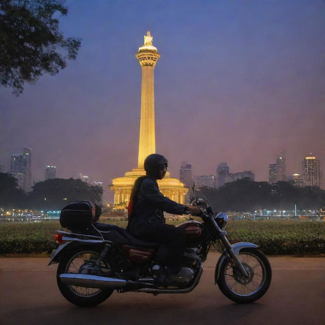 Create a novel cover showcasing a man and woman on a motorbike near the Jakarta Monas. The monument glowing in the twilight serves as a prominent point amidst the lively cityscape of Jakarta.