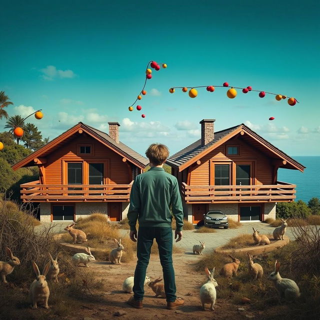 A young man standing in front of two identical chalets in a vast open area, surrounded by a lush landscape