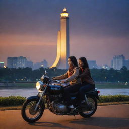 Create a novel cover showcasing a man and woman on a motorbike near the Jakarta Monas. The monument glowing in the twilight serves as a prominent point amidst the lively cityscape of Jakarta.