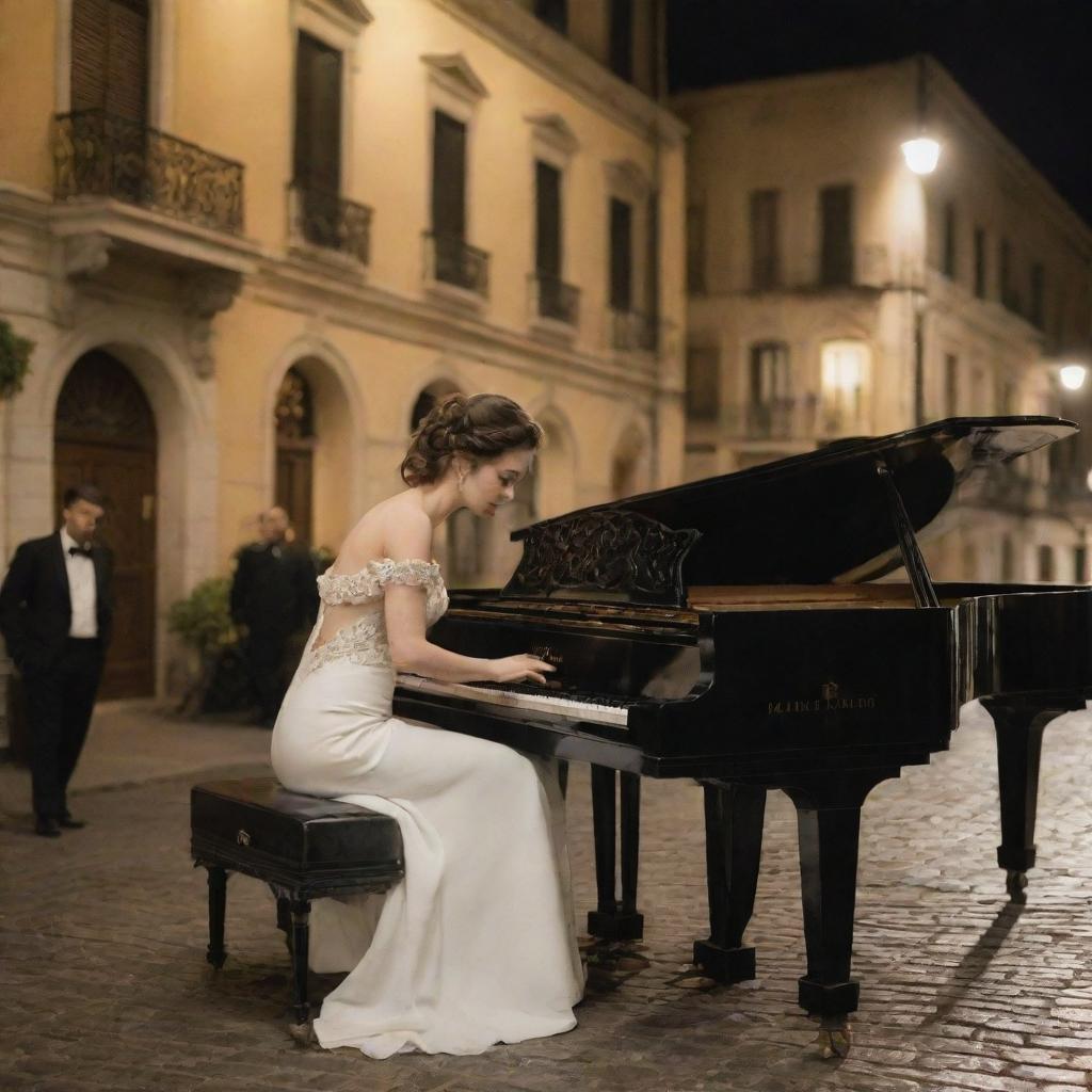 Adapt the scene: The couple, still focused on their music, are now clad in trendy, Italian street fashion while engaging with an old, ornate piano. They blend into the bustling, classical lit Italian street, all elements contributing to the romance of the night.