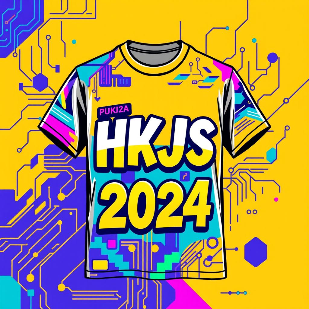 A vibrant and eye-catching shirt design for HKJS 2024, featuring a modern and youthful aesthetic