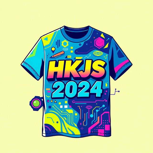 A vibrant and eye-catching shirt design for HKJS 2024, featuring a modern and youthful aesthetic