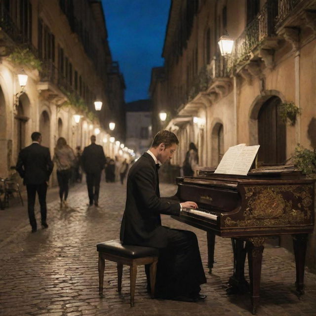 Adapt the scene: The couple, still focused on their music, are now clad in trendy, Italian street fashion while engaging with an old, ornate piano. They blend into the bustling, classical lit Italian street, all elements contributing to the romance of the night.