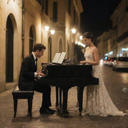 Adapt the scene: The couple, still focused on their music, are now clad in trendy, Italian street fashion while engaging with an old, ornate piano. They blend into the bustling, classical lit Italian street, all elements contributing to the romance of the night.