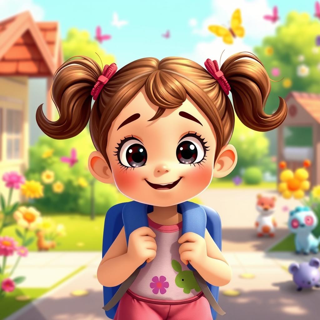 A cute girl with a backpack going to kindergarten, featuring big bright eyes and an expressive smile, dressed in colorful clothes