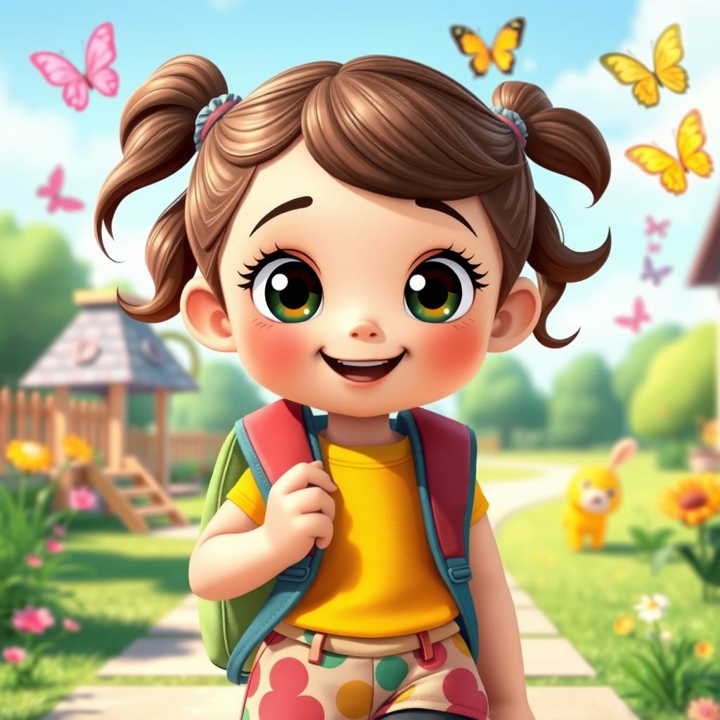 A cute girl with a backpack going to kindergarten, featuring big bright eyes and an expressive smile, dressed in colorful clothes