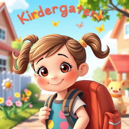 A cute girl with a backpack going to kindergarten, featuring big bright eyes and an expressive smile, dressed in colorful clothes