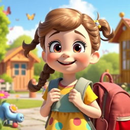 A cute girl with a backpack going to kindergarten, featuring big bright eyes and an expressive smile, dressed in colorful clothes