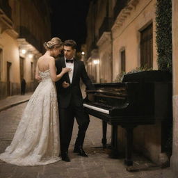 Adapt the scene: The couple, still focused on their music, are now clad in trendy, Italian street fashion while engaging with an old, ornate piano. They blend into the bustling, classical lit Italian street, all elements contributing to the romance of the night.