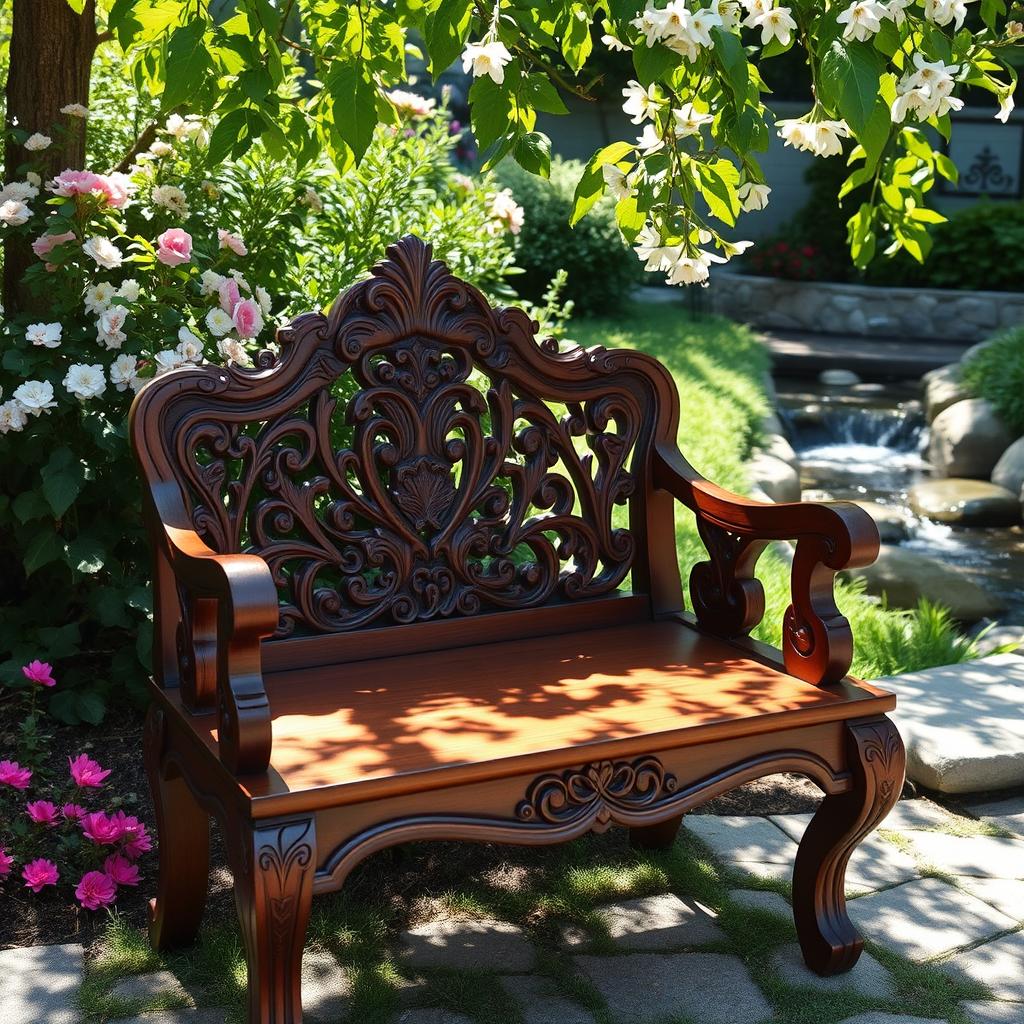 A beautifully crafted wooden seat, showcasing intricate carvings and a rich mahogany finish