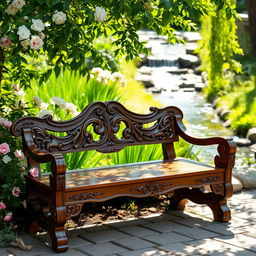 A beautifully crafted wooden seat, showcasing intricate carvings and a rich mahogany finish