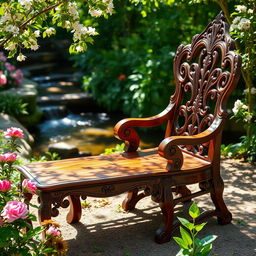 A beautifully crafted wooden seat, showcasing intricate carvings and a rich mahogany finish