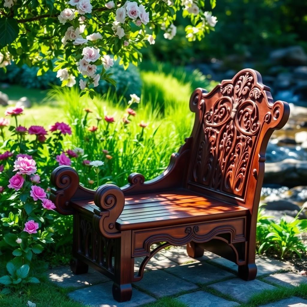 A beautifully crafted wooden seat, showcasing intricate carvings and a rich mahogany finish