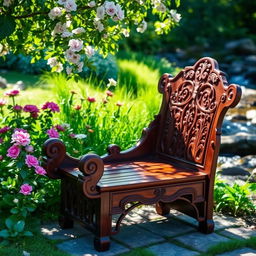 A beautifully crafted wooden seat, showcasing intricate carvings and a rich mahogany finish