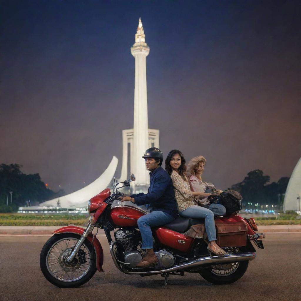 Form an artistic novel cover featuring a man and woman on a motorbike in front of the Jakarta Monas. The monument stands illuminated, forming a striking contrast with the vibrant city life of Jakarta in the background.