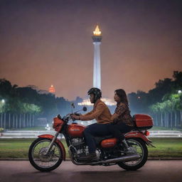 Form an artistic novel cover featuring a man and woman on a motorbike in front of the Jakarta Monas. The monument stands illuminated, forming a striking contrast with the vibrant city life of Jakarta in the background.