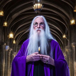 Albus Dumbledore, an iconic figure with twinkling blue eyes, long flowing white hair and beard, wearing his half-moon spectacles, purple robes, and a tall pointed hat; holding the Elder Wand in the grand setting of the Hogwarts Great Hall.