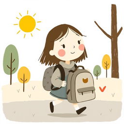 A cute girl with a backpack going to kindergarten, illustrated in the distinctive style of Jon Klassen