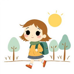 A cute girl with a backpack going to kindergarten, illustrated in the distinctive style of Jon Klassen