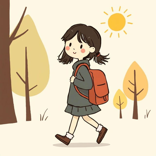 A cute girl with a backpack going to kindergarten, illustrated in the distinctive style of Jon Klassen